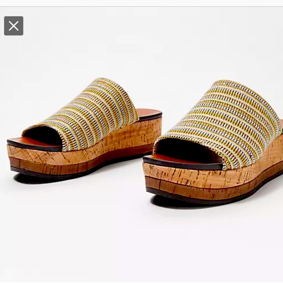 Naturalizer Kirstin Stripe Cork Platform Shoe Wedge Sandal yellow tan mule sz 9 - Picture 2 of 16